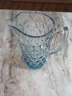Blue Pressed Glass Pitcher - Textured Diamond Pattern